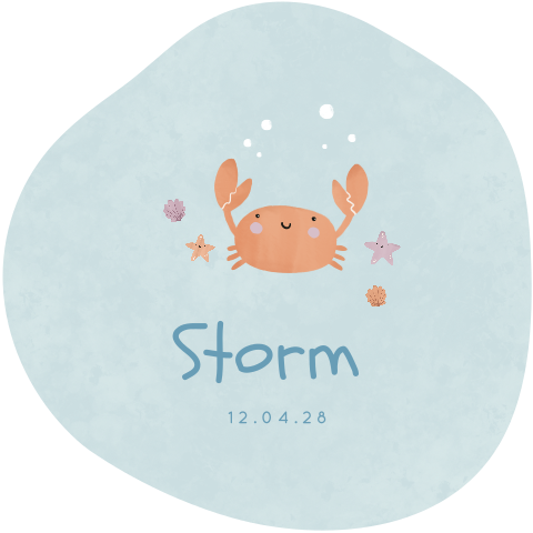 Geboortekaartje in organische vorm met zee en krab