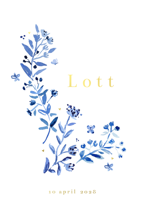 Klassiek geboortekaartje met blauwe bloem illustratie en goudfolie