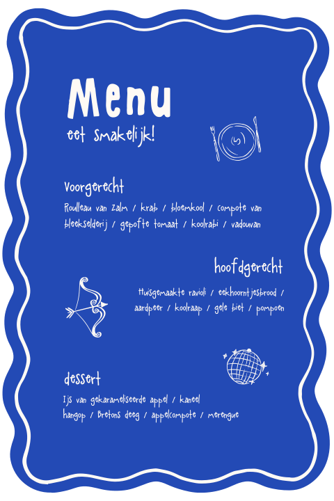 Menukaart bruiloft blauw met golvende rand en vrolijke illustraties