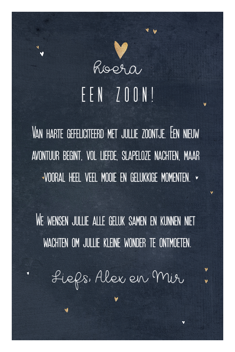 Geboortefelicitatiekaart donkerblauw met hartjes