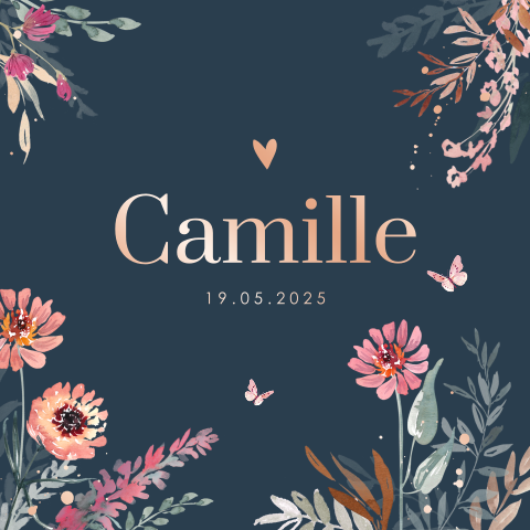 Romantisch geboortekaartje meisje met bloemen en roséfolie