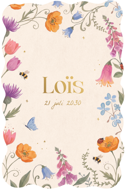 Romantisch geboortekaartje met bloemen en goudfolie