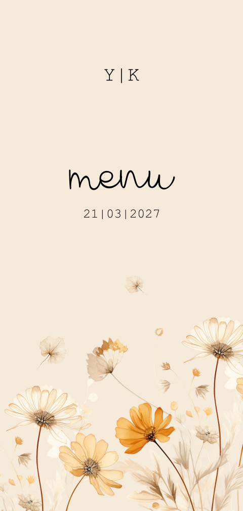 Menukaart bruiloft met bloemen in geel en beige