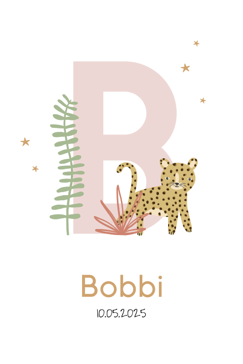 Vrolijk geboortekaartje meisje panter initiaal