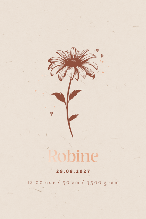 Geboortekaartje met ronde hoeken, een bloem en roséfolie