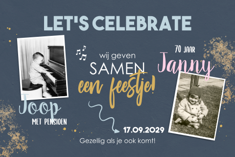 Vrolijke feestuitnodiging met foto's en blauwe achtergrond