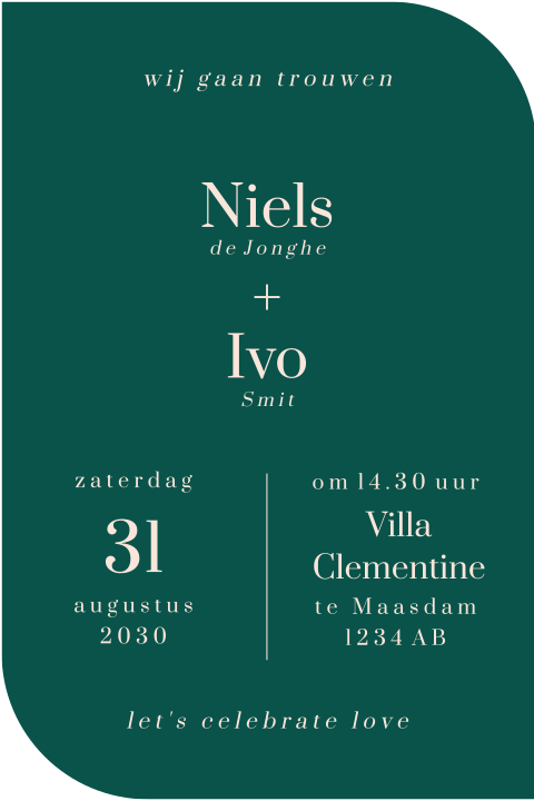 Stijlvolle trouwkaart typografisch in unieke vorm