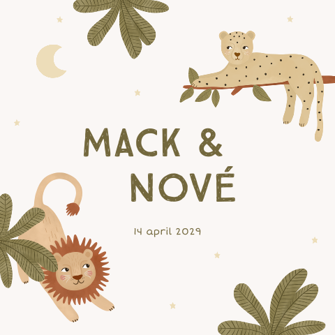 Tweeling geboortekaartje in jungle stijl