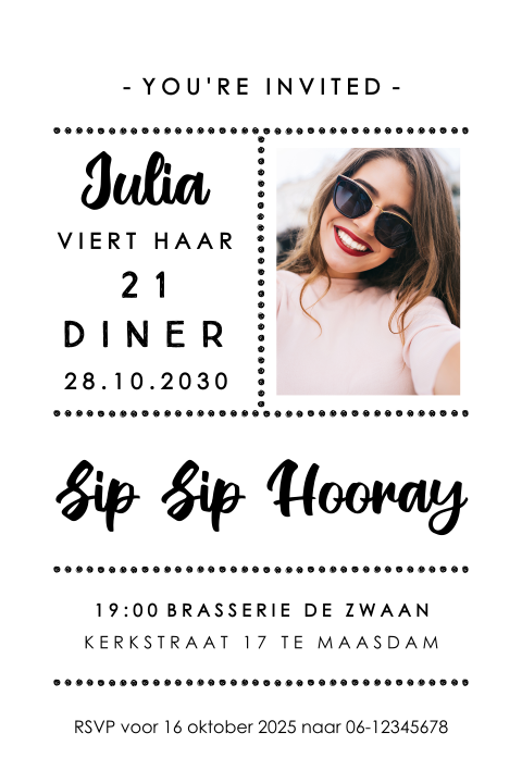 Hippe kaart uitnodiging 21 diner met foto