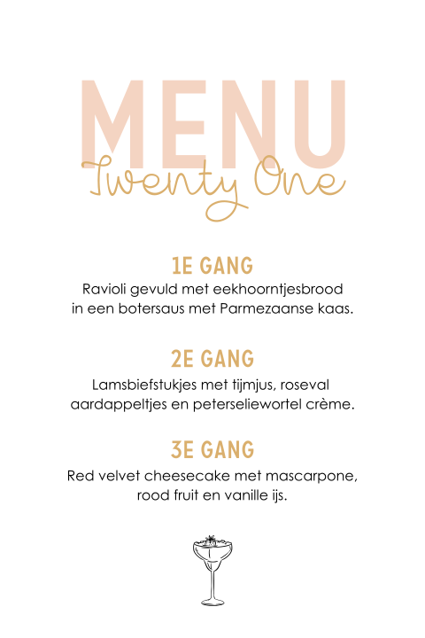 Menukaart verjaardag diner 21 jaar met cocktailglas