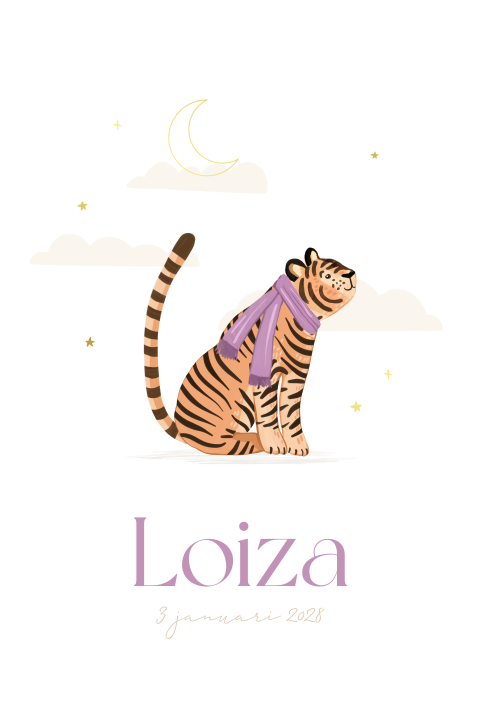 Geboortekaartje winter met tijger en goudfolie