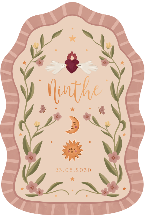 Boho geboortekaartje met vogeltjes, bloemen en koperfolie