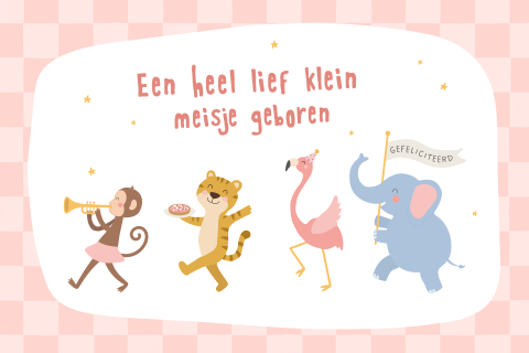 Wenskaart geboorte meisje met dierenparade