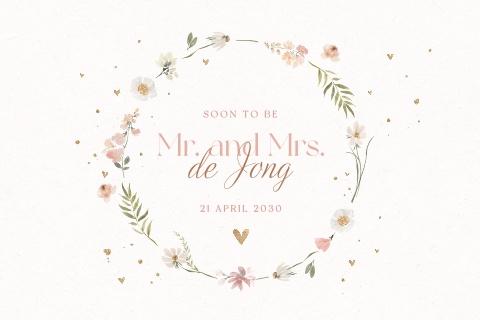 Romantische trouwkaart met bloemenkrans en goudlook hartjes