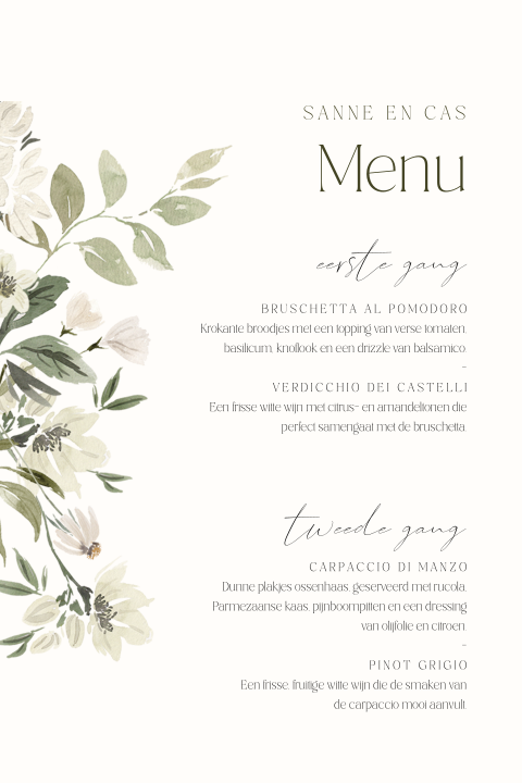 Menukaart bruiloft met elegante bloemen