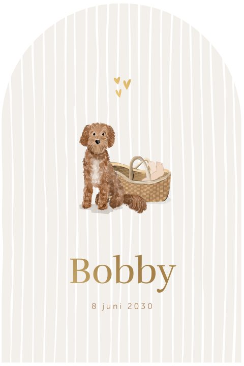 Beige geboortekaartje met hond bij mandje en mat goudfolie