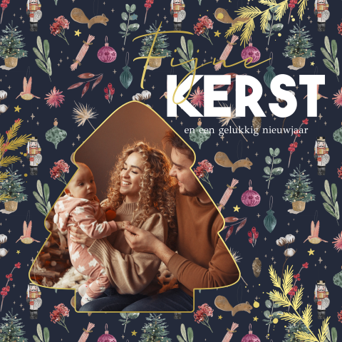 Kerstkaart met foto in kerstboom vorm en kerst illustraties