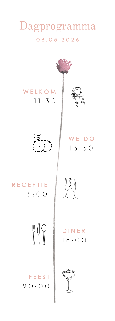 Bruiloft programmakaartje strip met roze bloem