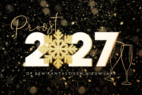 Zakelijke kerstkaart met sneeuwvlok en champagneglazen