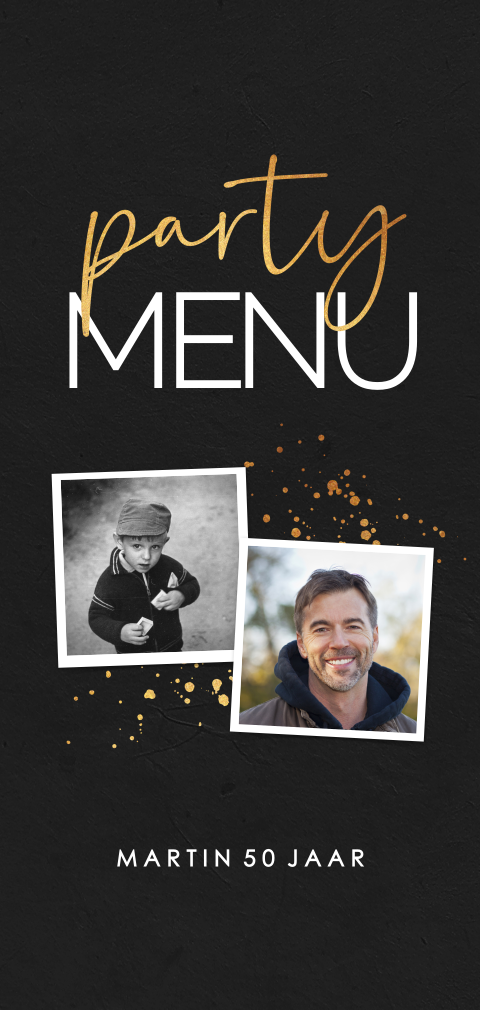Stijlvolle menukaart verjaardag met foto's en gouden details
