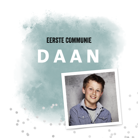 Communiekaart stoer met foto en zilveren confetti