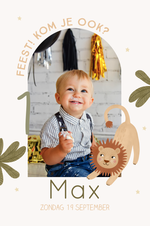 Uitnodiging kinderfeestje 1 jaar met foto en leeuw