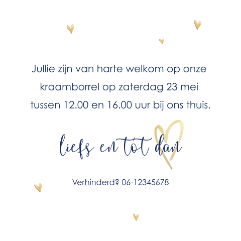 Kraamborrelkaartje met gouden hartjes