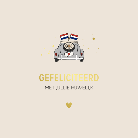 Wenskaart felicitatie huwelijk auto goudfolie