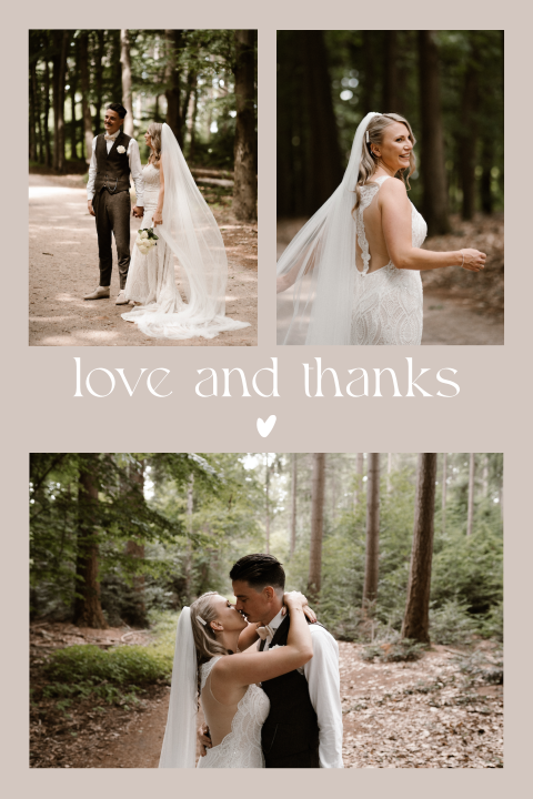 Bedankkaart bruiloft in beige met foto's en hartje