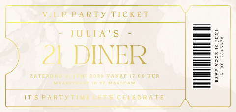 Uitnodiging 21 diner in ticket vorm met goudfolie