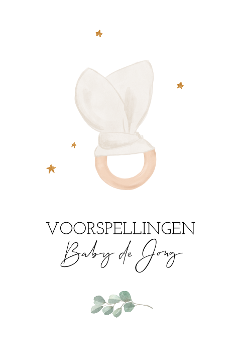 Babyshower invulkaartje met illustratie bijtring in neutrale kleuren