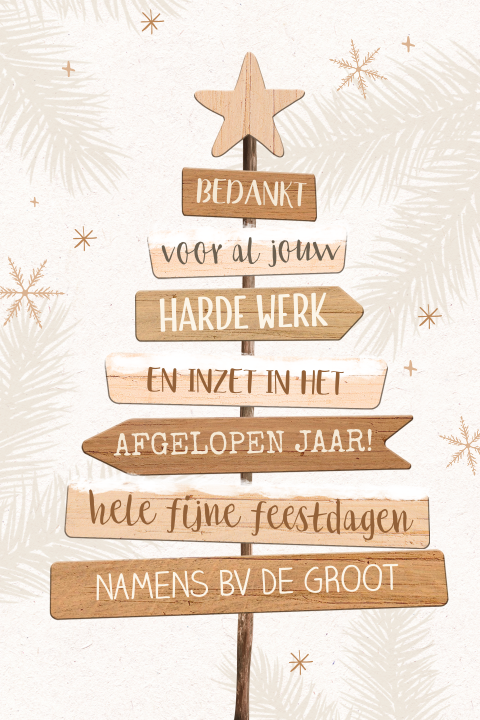 Zakelijke kerstkaart met houten wegwijzer en sneeuwvlokjes