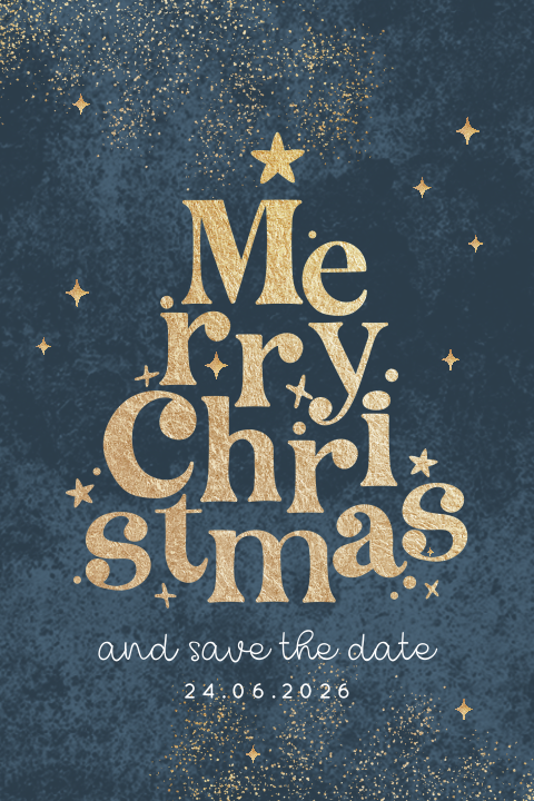 Save the date kaart kerst met gouden letters in kerstboomvorm