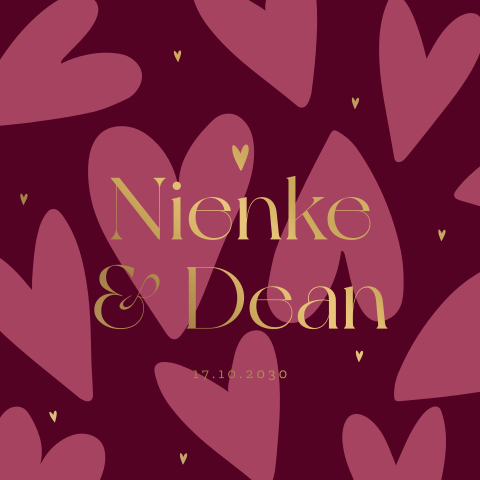 Romantische trouwkaart in rood en roze met hartjes en mat goudfolie