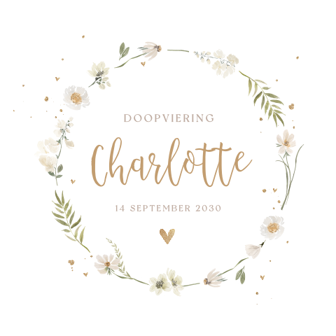 Doopkaartje meisje met bloemenkrans en hartjes