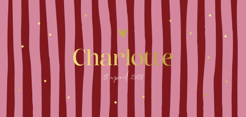 Geboortekaartje kleurrijk met rode en roze strepen en goudfolie