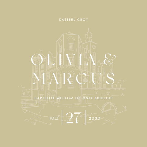 Trouwkaart met trouwlocatie Kasteel Croy op een khaki achtergrond