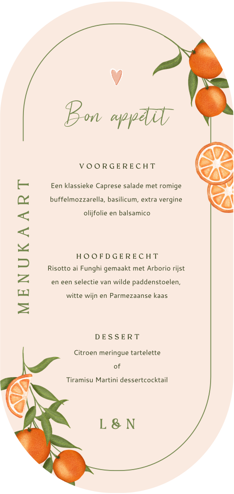Menukaart bruiloft ovaal met sinaasappels