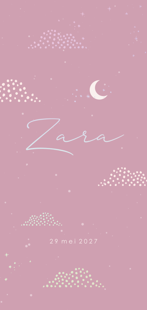 Geboortekaartje meisje roze met wolkjes en maantje