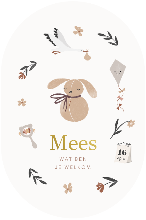 Geboortekaartje in originele vorm met schattige elementen en goudfolie