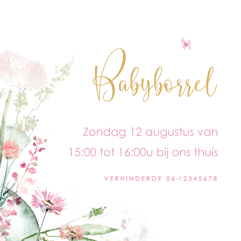 Kraamborrelkaartje met bloemen en vlindertjes