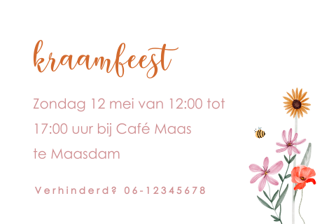 Kraamfeest kaartje met bloemen en bijtje