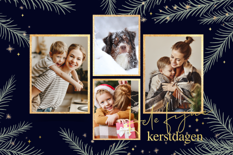 Kerstkaart met fotocollage, dennentakken en goudfolie