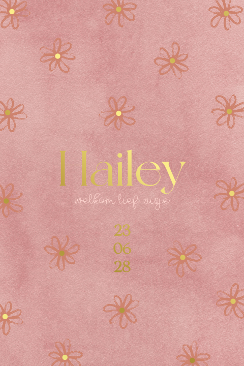 Geboortekaartje terracotta roze met goudfolie en madeliefjes