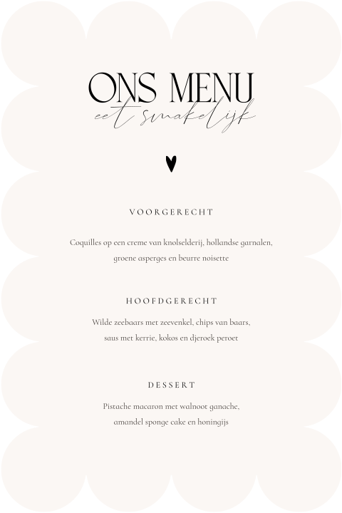 Menukaart bruiloft klassiek met geschulpte randen