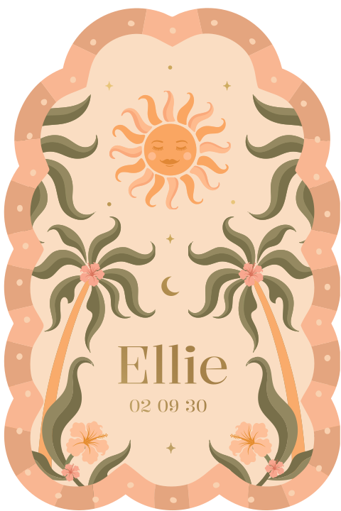 Boho geboortekaartje meisje in peach met tropische illustraties