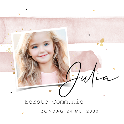 Communiekaart meisje met roze water color