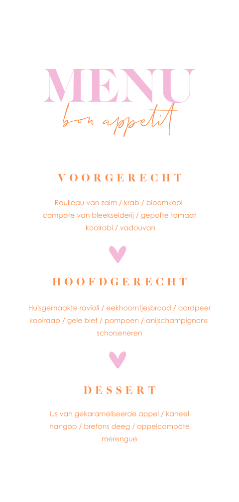 Menukaart bruiloft colorblocking roze en oranje