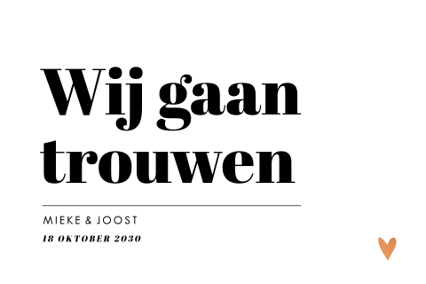 Typografische trouwkaart hartje koperfolie