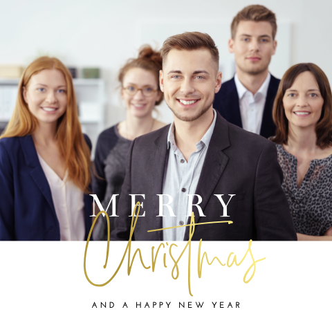 Zakelijke kerstkaart met foto en goudfolie tekst